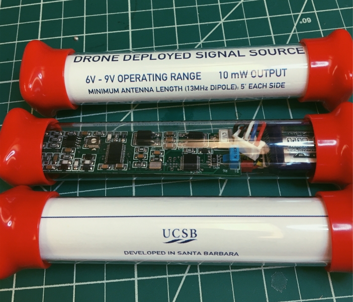 Three tubes labeled as drone deployed signal sources